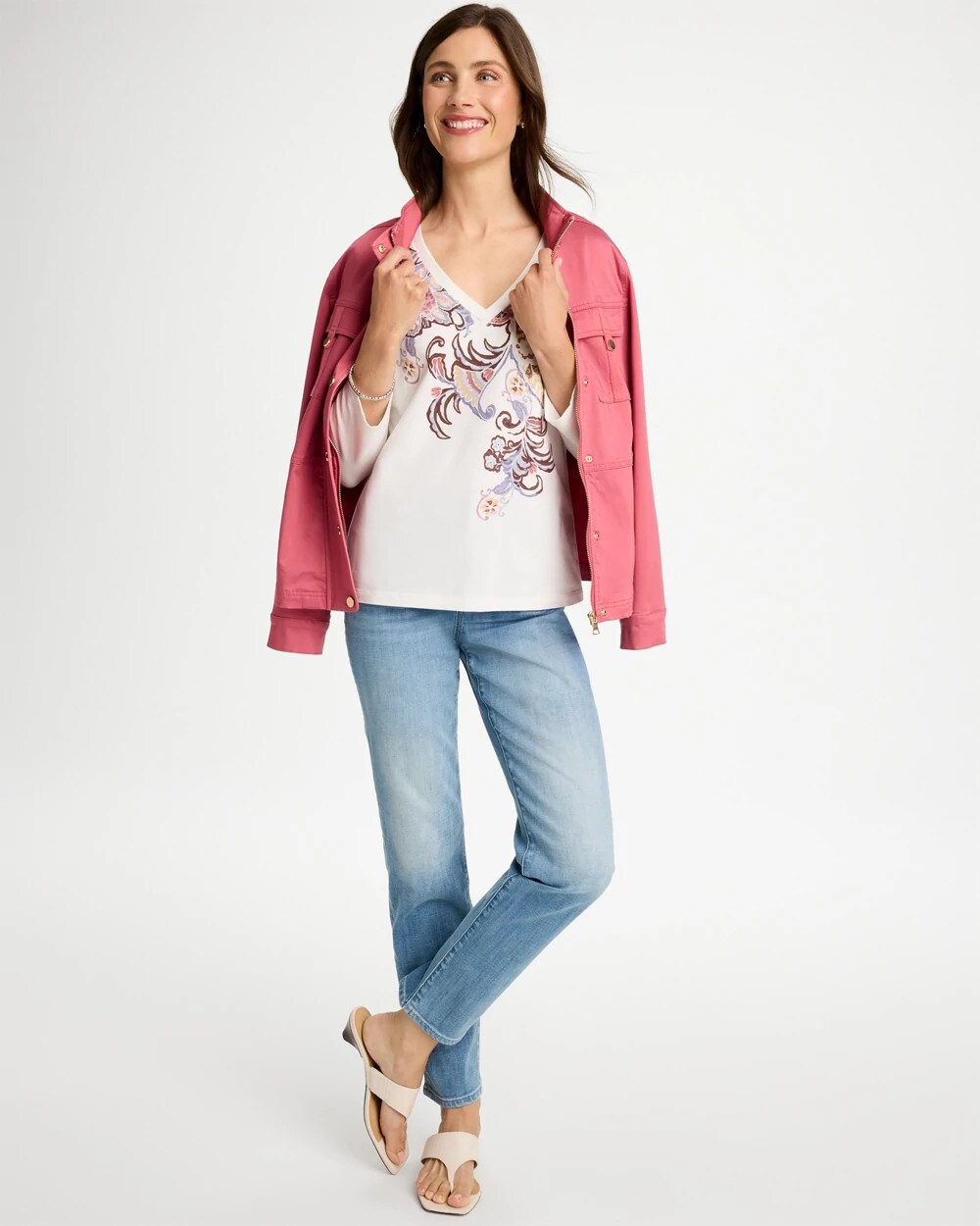 Placed Print Cotton Stretch 3/4 Sleeve Tee