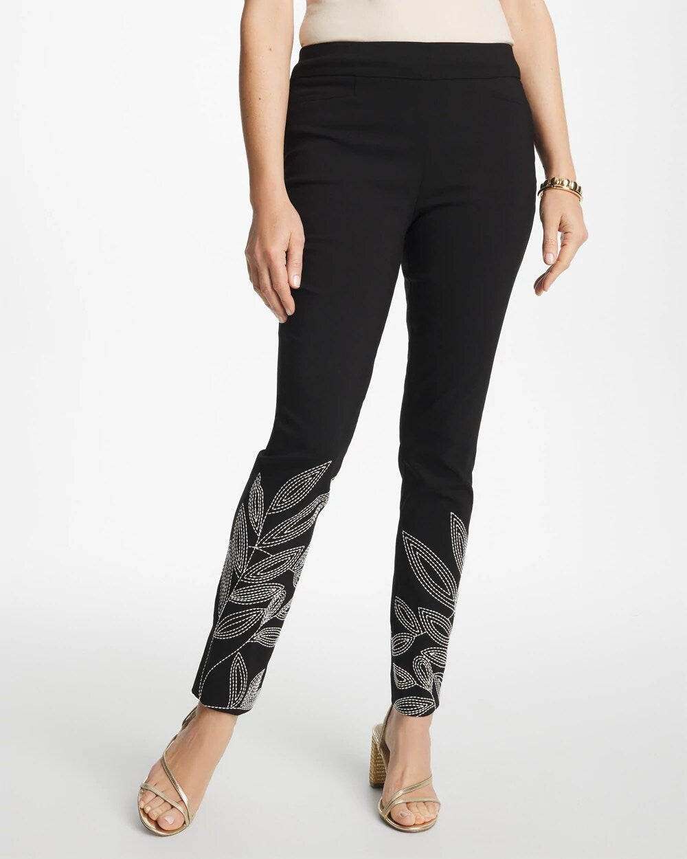Floral Soutache Brigitte Slim Pull-On Ankle Pants