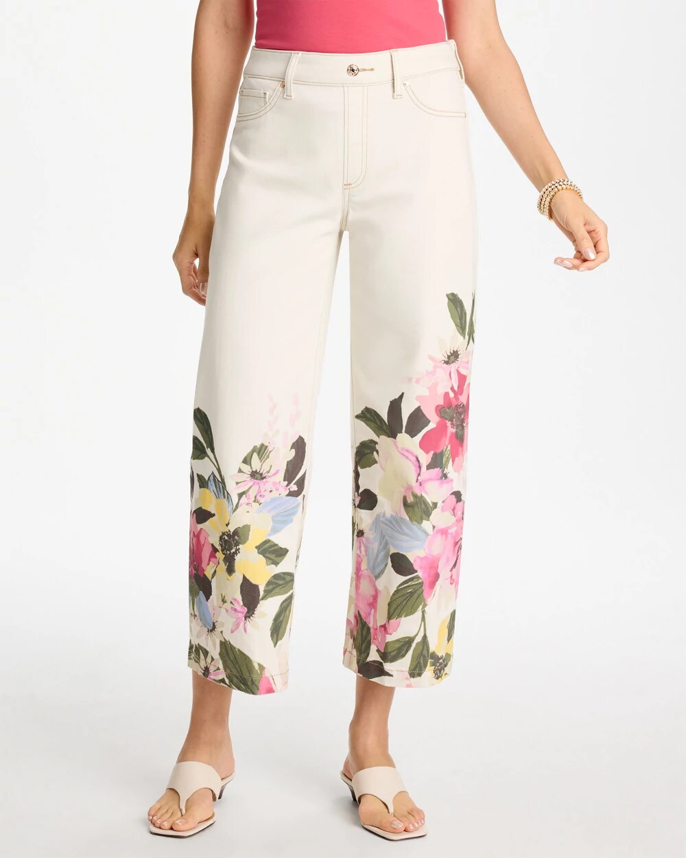 Printed Pull-On Wide Crop Jeans