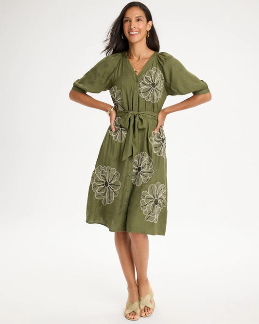 Embroidered Jacquard Belted Dress