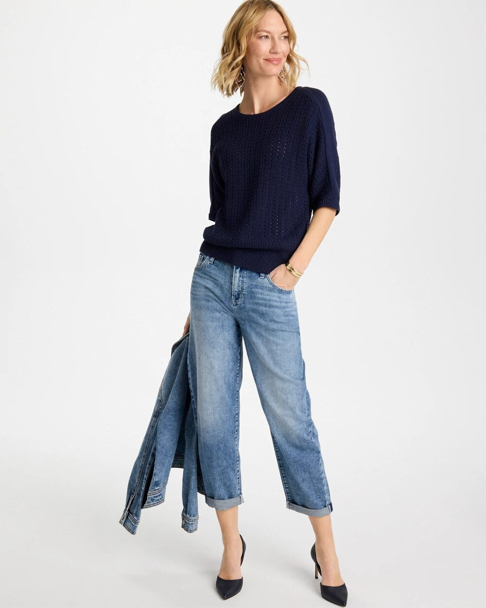 Pointelle Crewneck Pullover Sweater