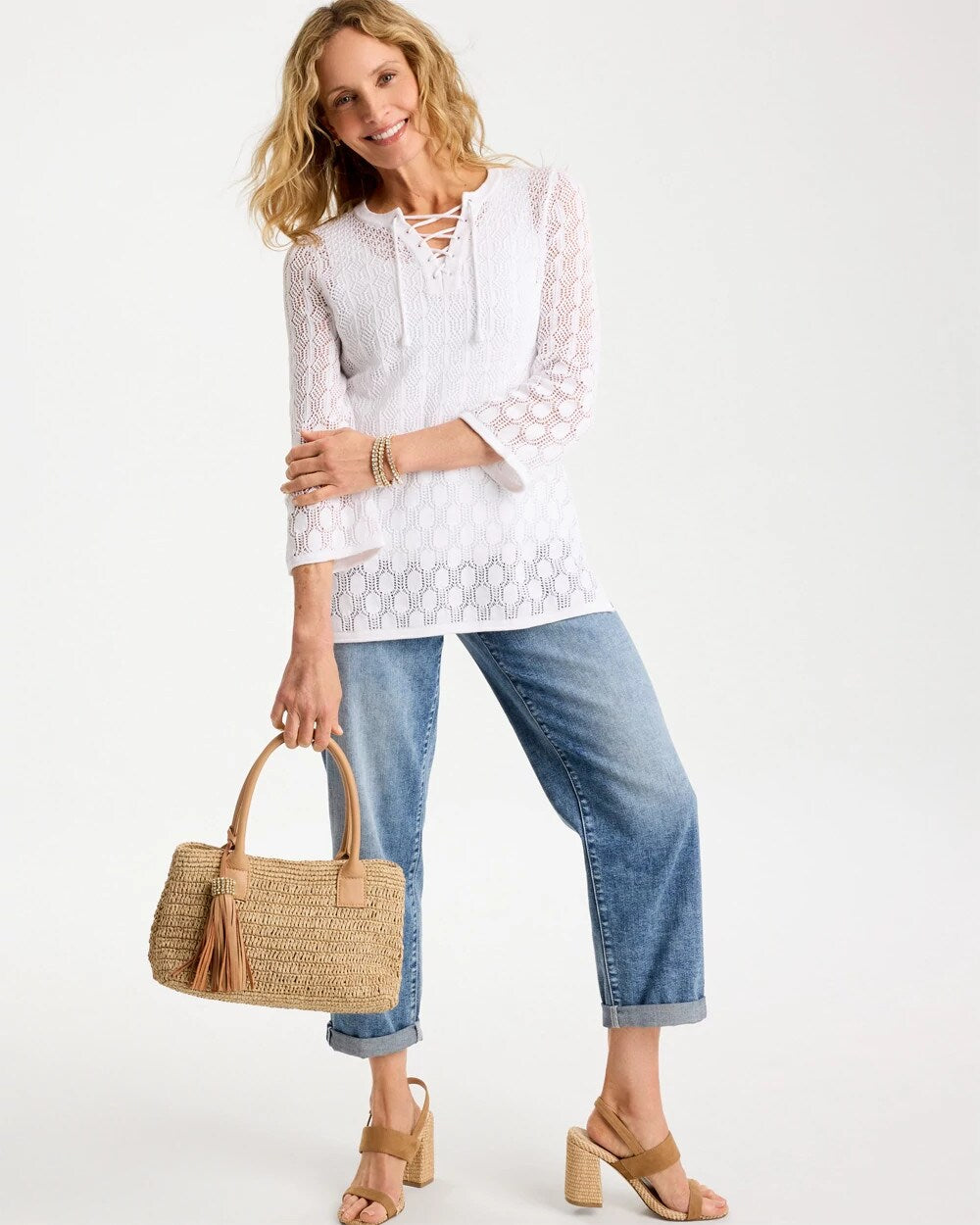 Cotton-Linen Lace Notch-Neck Sweater
