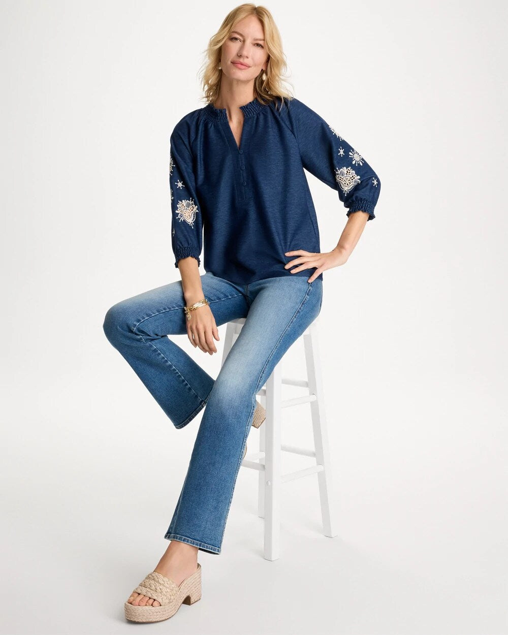 Embroidered Denim Henley Tee