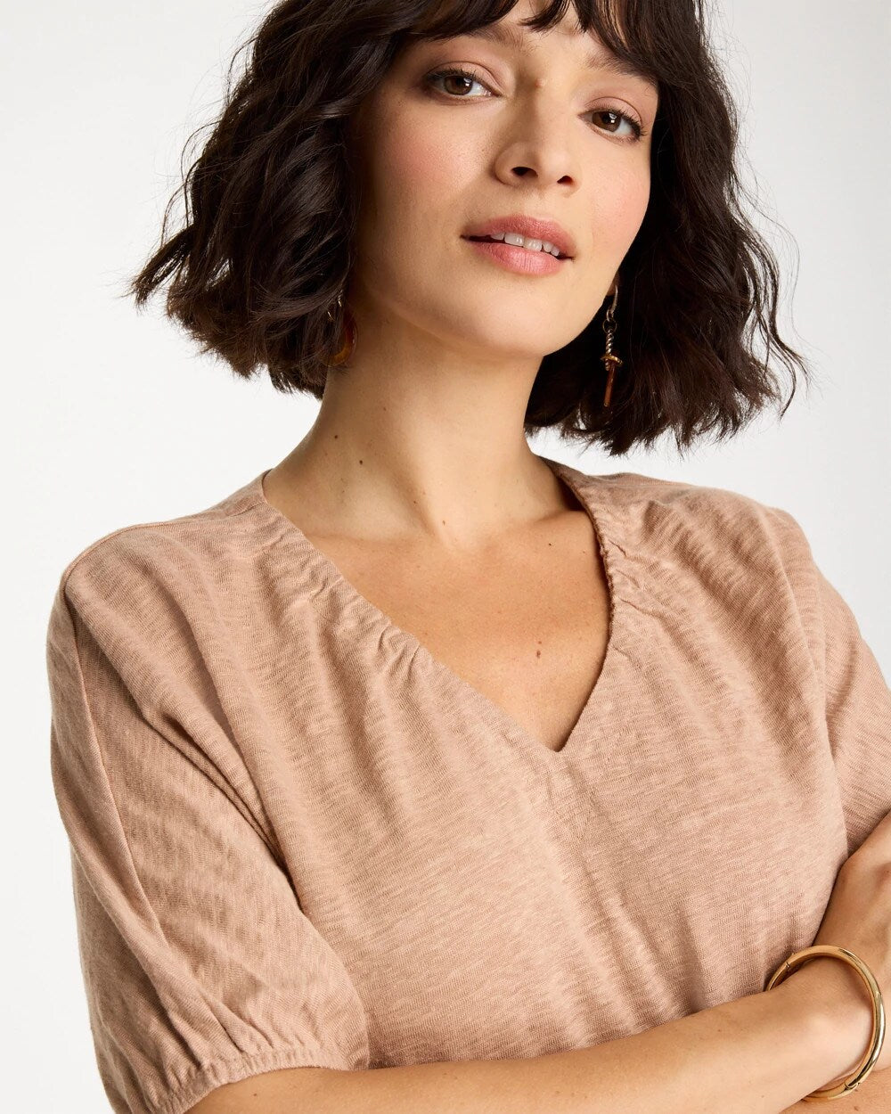 Linen Ruched V-Neck Tee