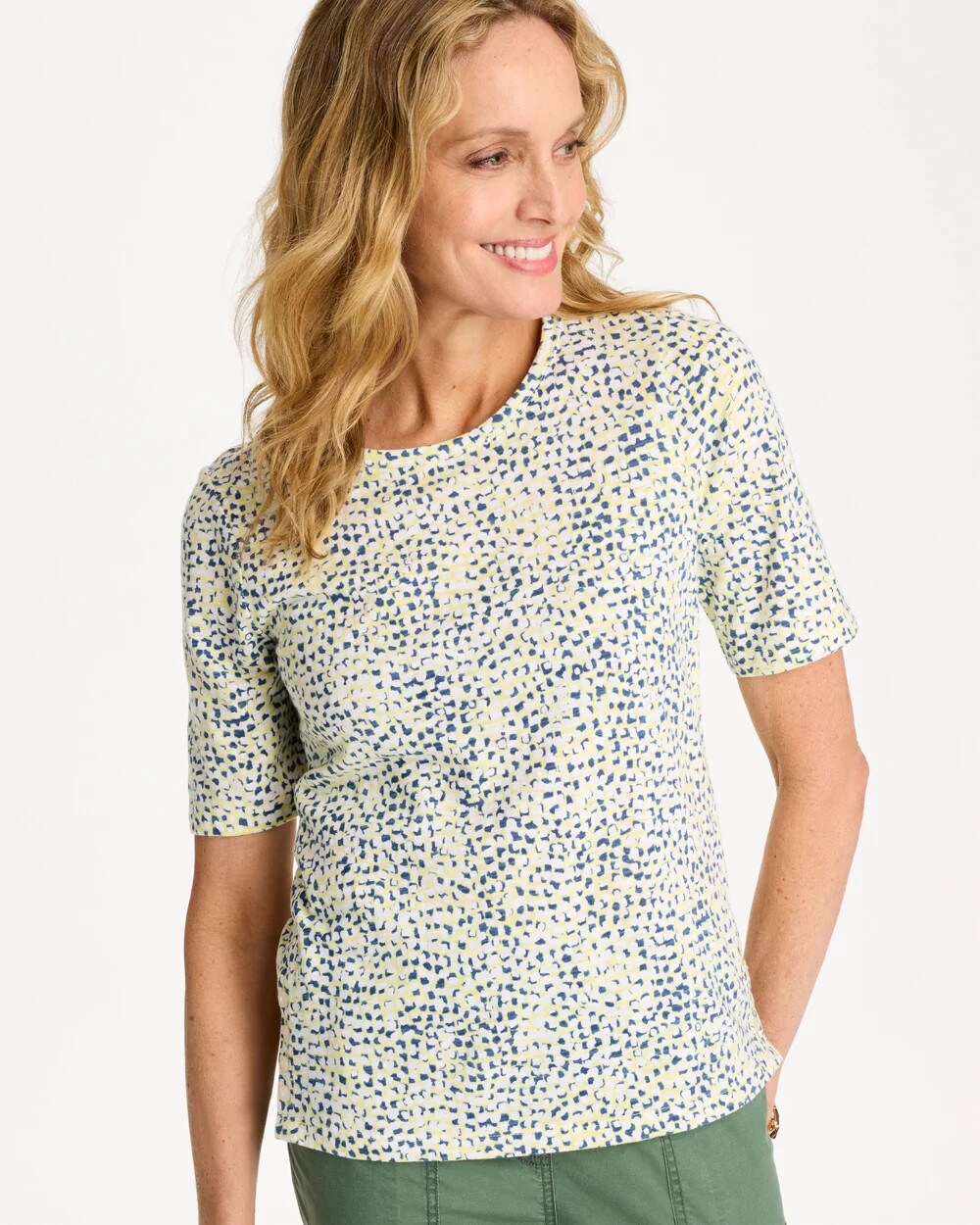 Printed Cotton Slub Elbow-Sleeve Tee