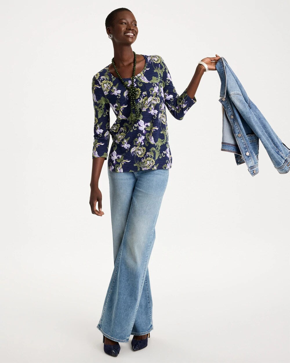 Floral Cotton Slub 3/4 Sleeve Tee
