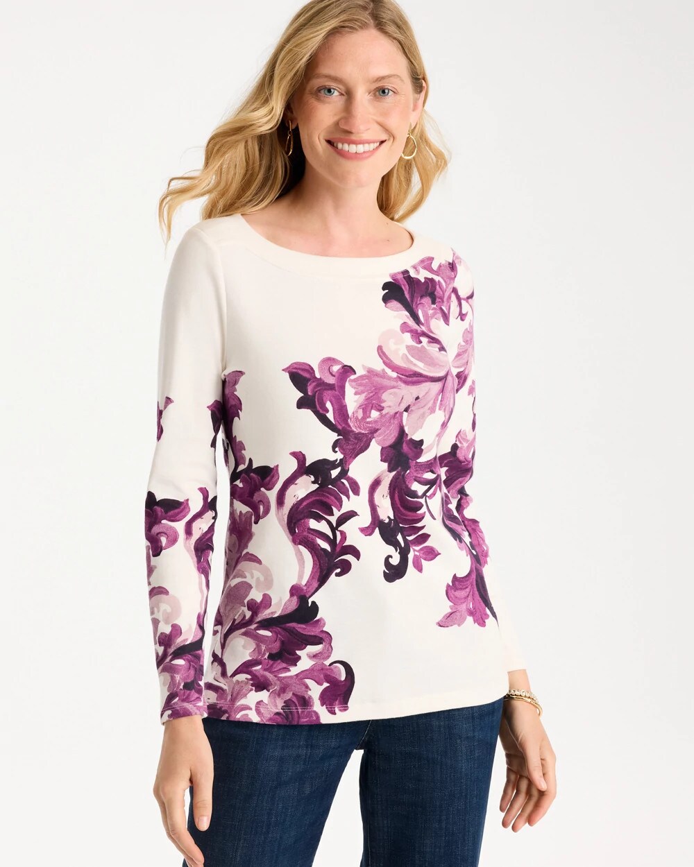 Placed Print Pima Cotton Boatneck Tee