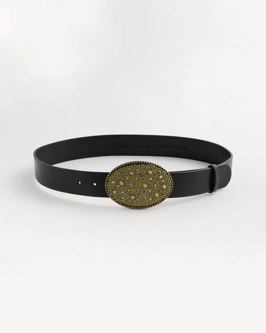 Leather Beaded Oval Buckle Trouser Belt
