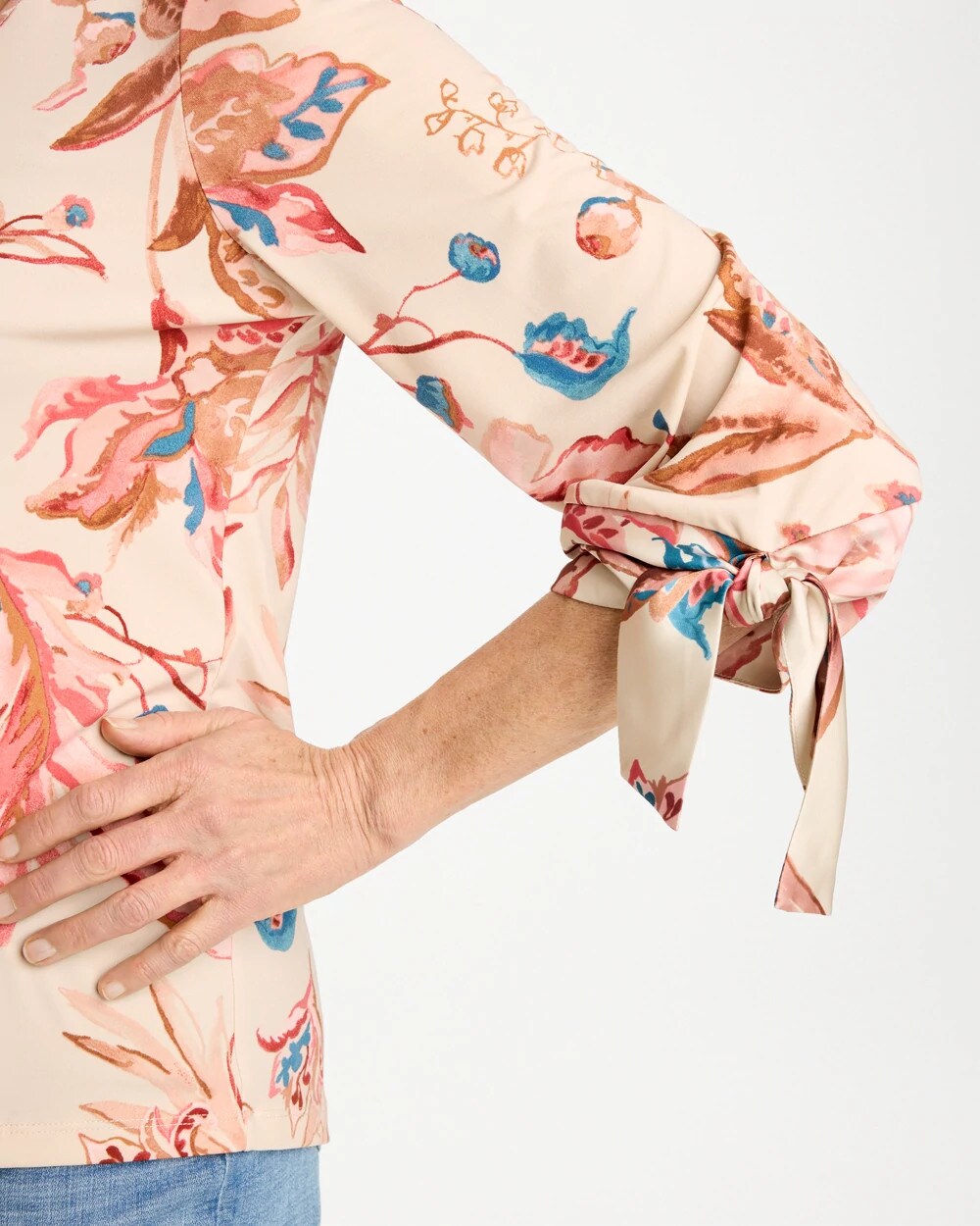 Printed Satin Tie-Sleeve Top