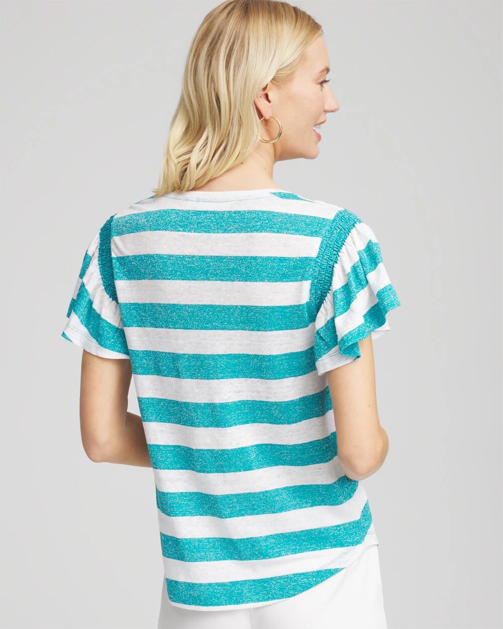 Linen Metallic Striped Flutter-Sleeve Tee