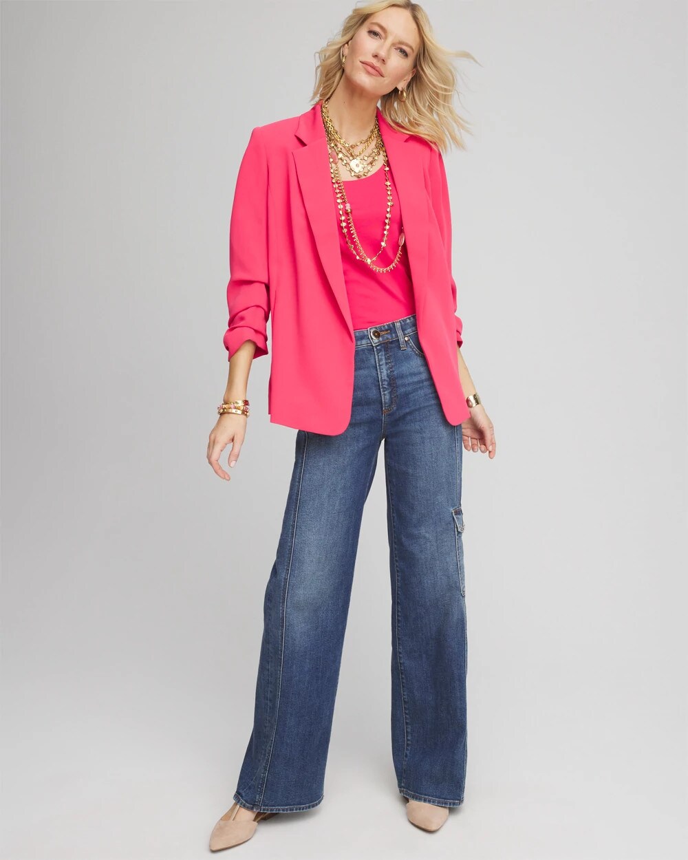 Notched-Lapel Ruched Sleeve Blazer
