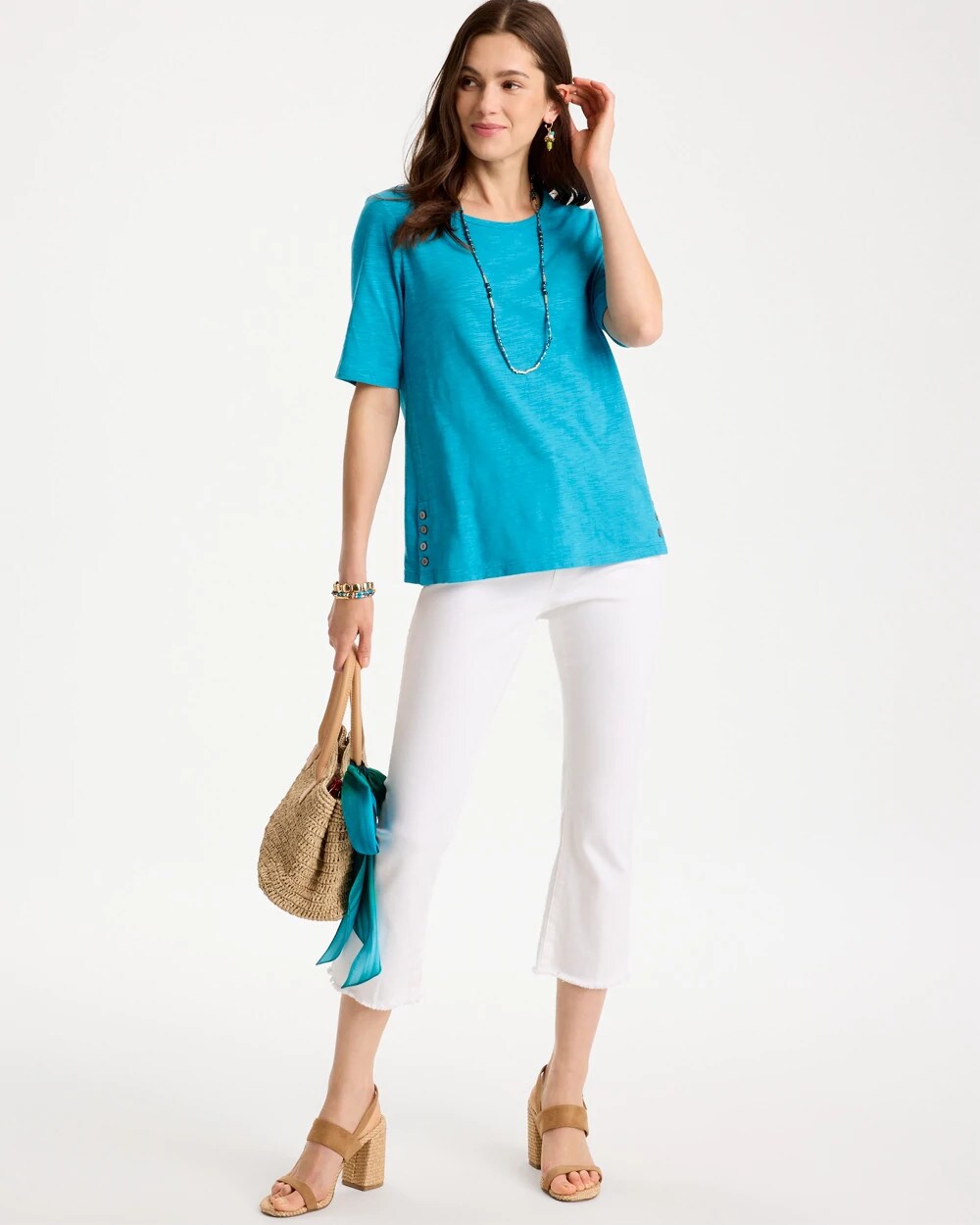 Cotton Slub Crewneck Button Tee