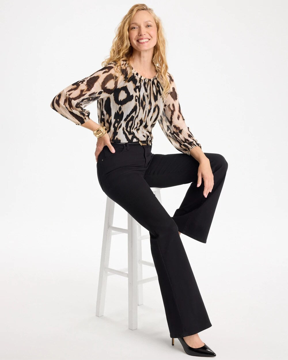Ikat Animal Crinkle Mesh Ruffle Neck Top