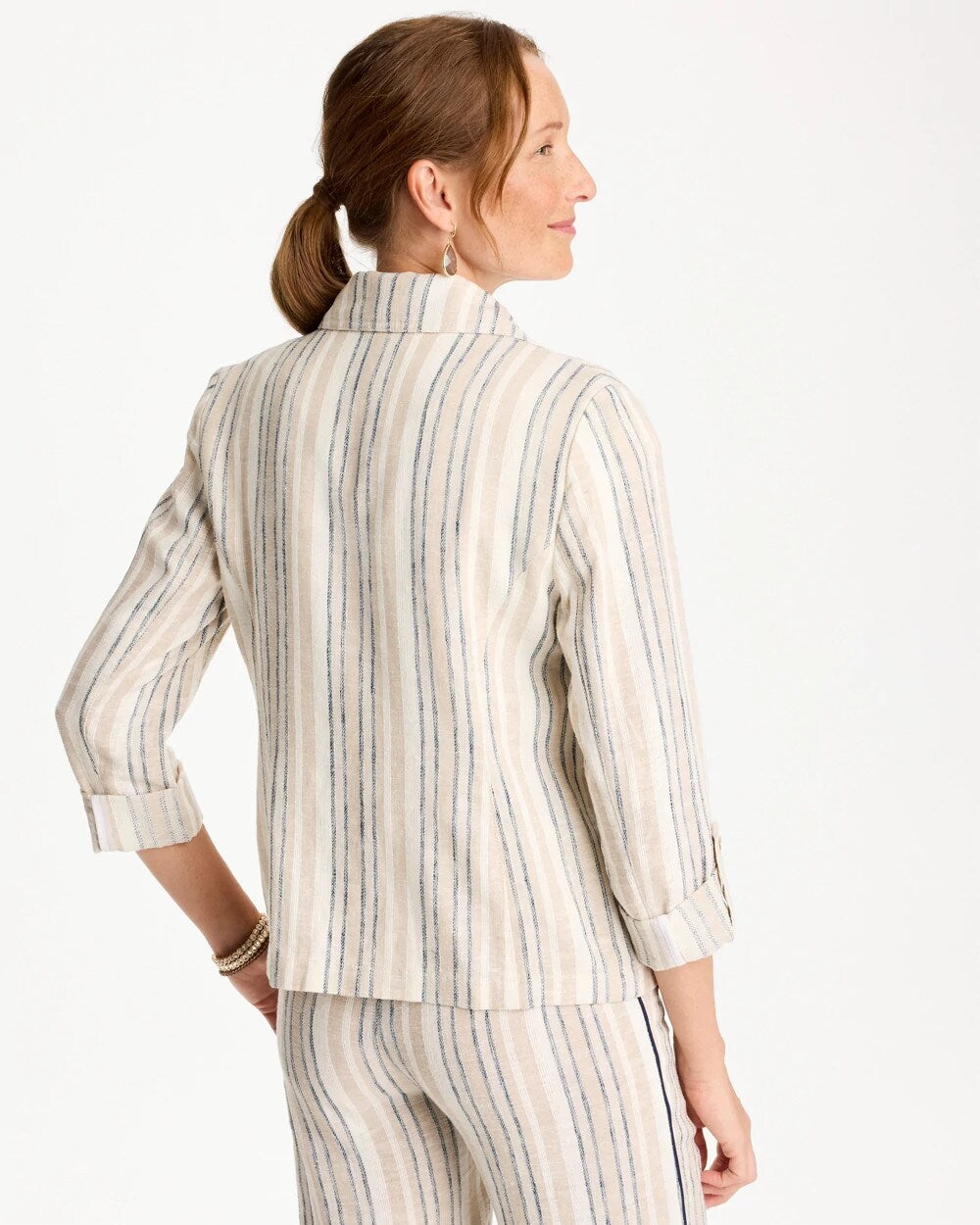 Striped Linen Roll Sleeve Blazer