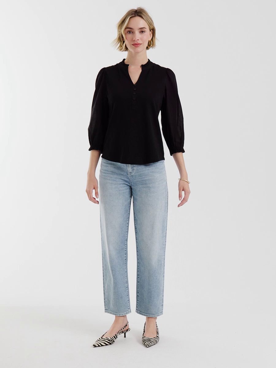 Ruffled V-Neck 3/4 Sleeve Top