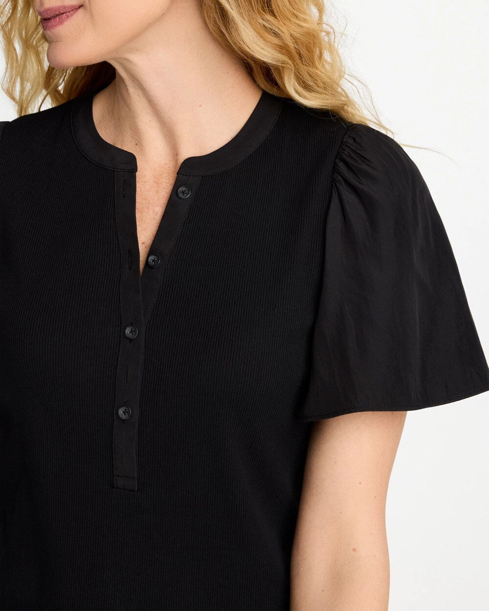 Rib Knit Woven Flutter Sleeve Tee