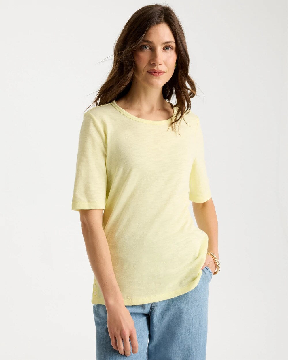 Cotton Slub Crewneck Button Tee