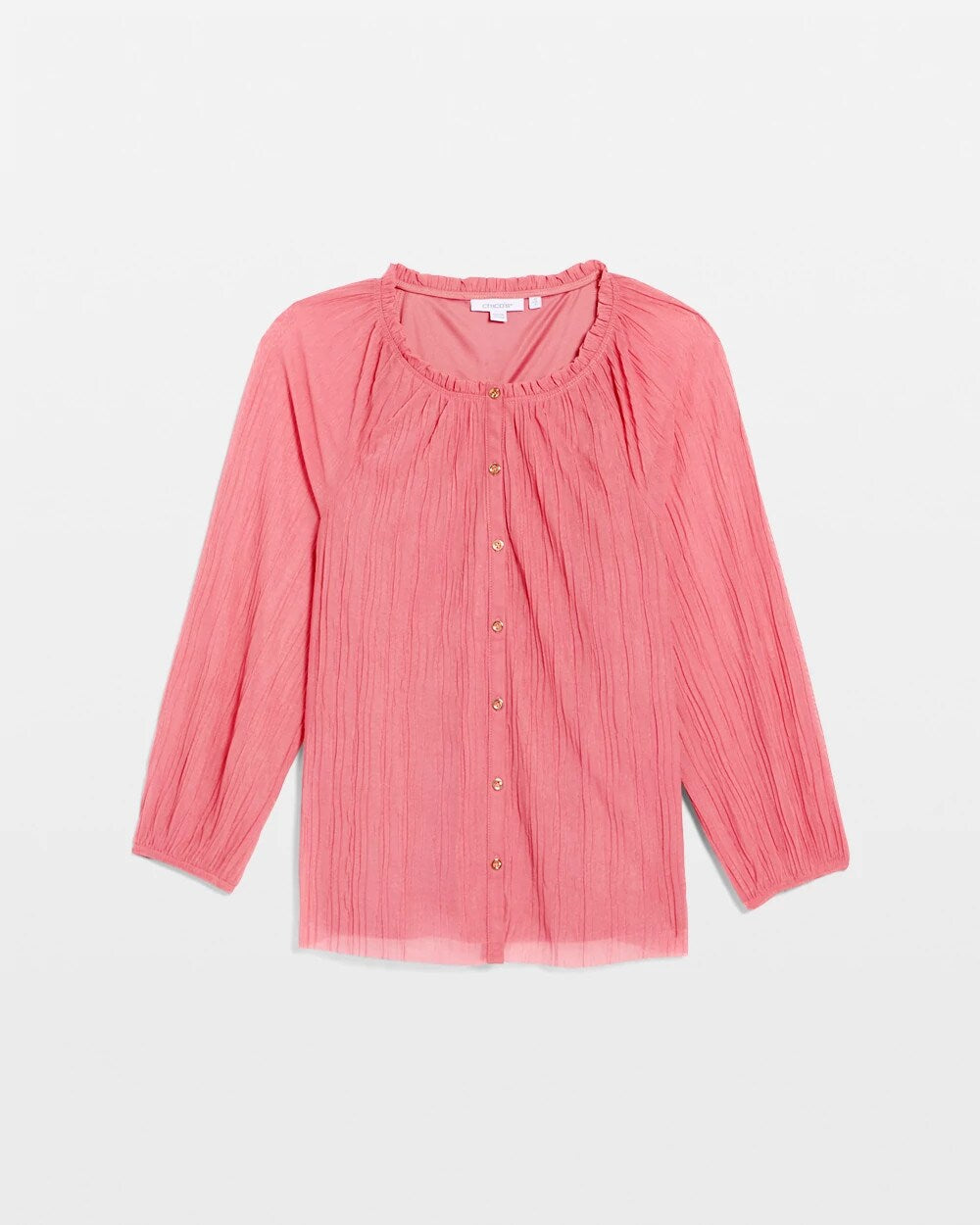 Crinkle Mesh Ruffle Neck Top