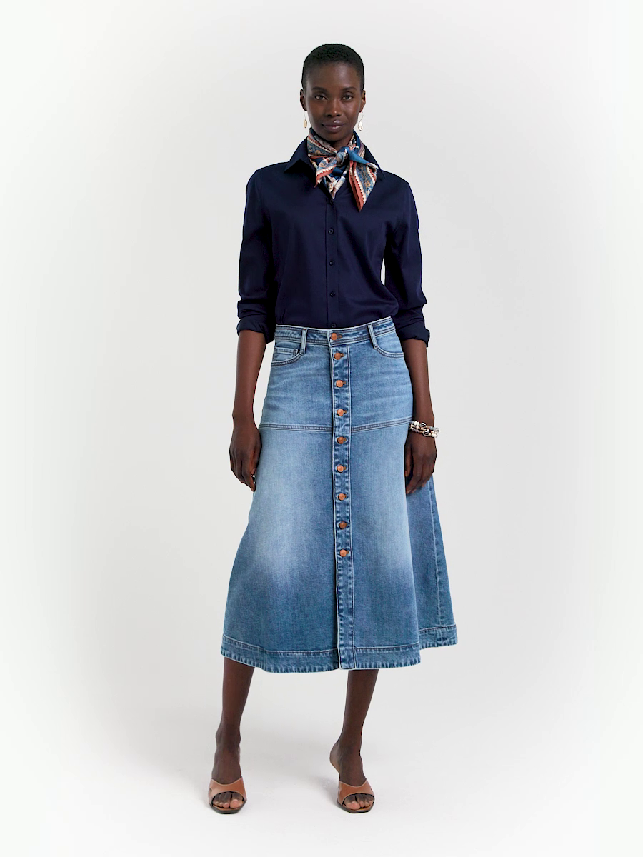 Drapey Denim Button Front Skirt