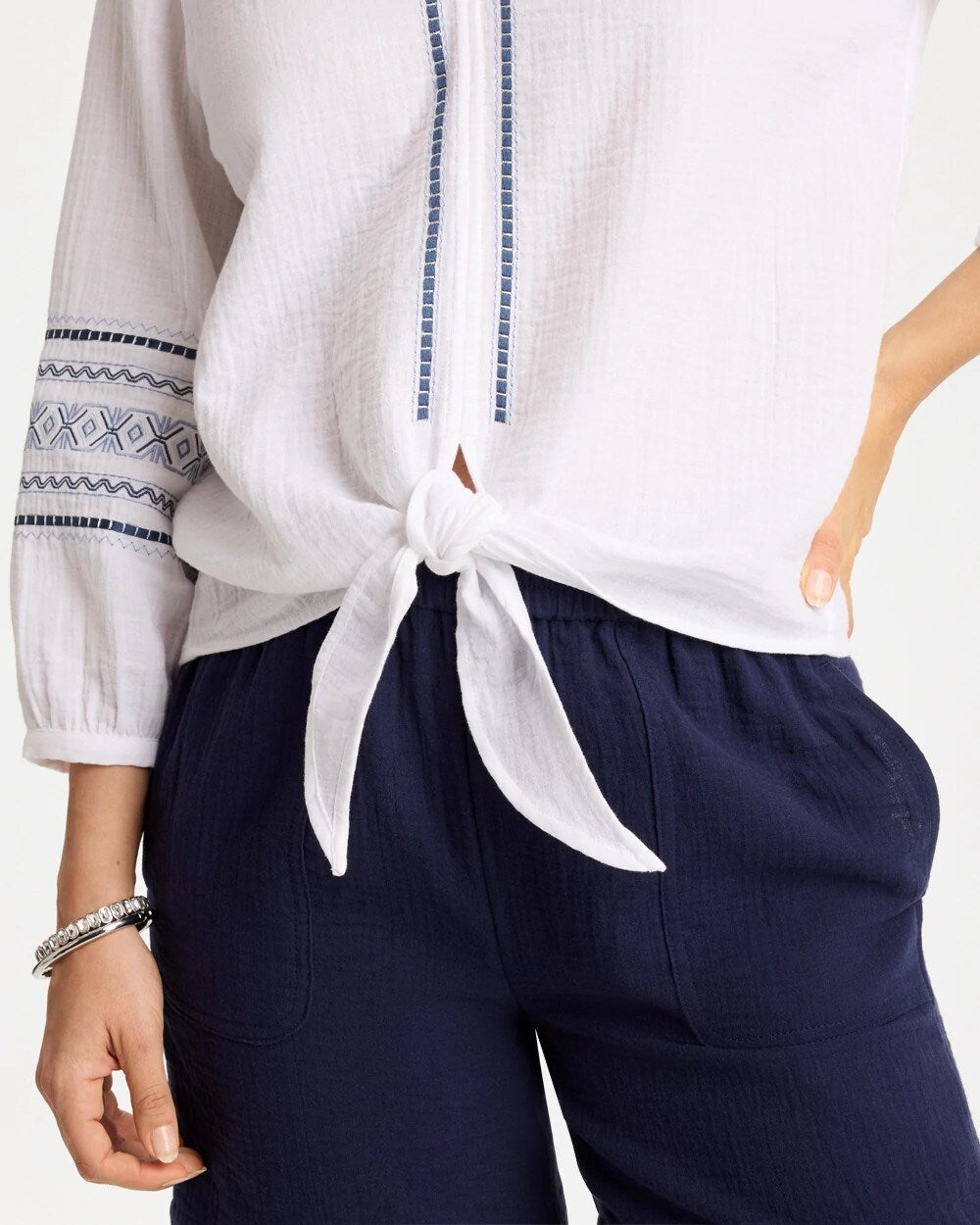 Cotton Gauze Embroidered Tie-Front Blouse