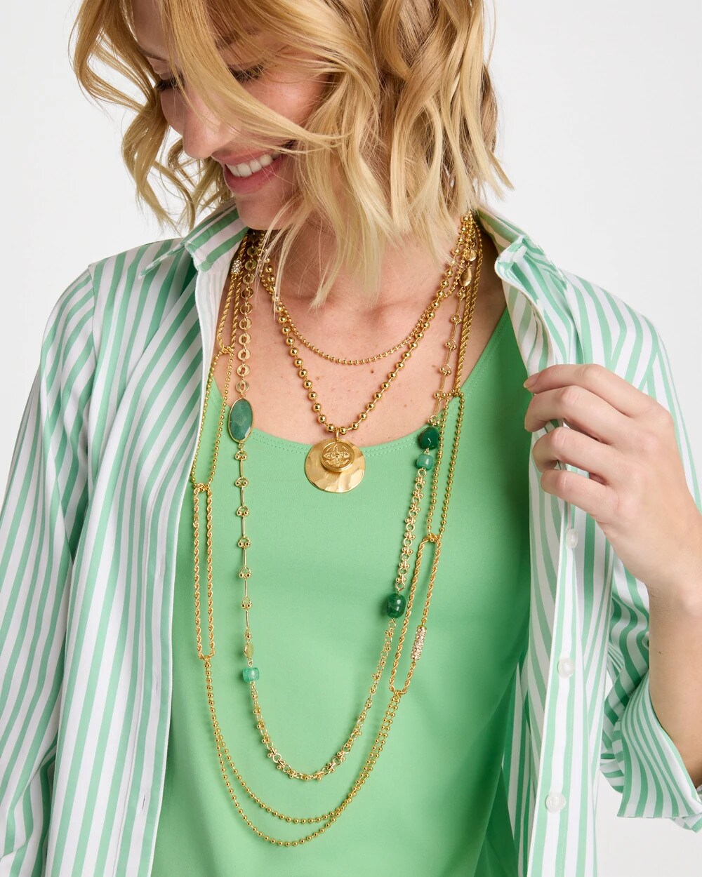 Green Accent Long Single Strand Necklace
