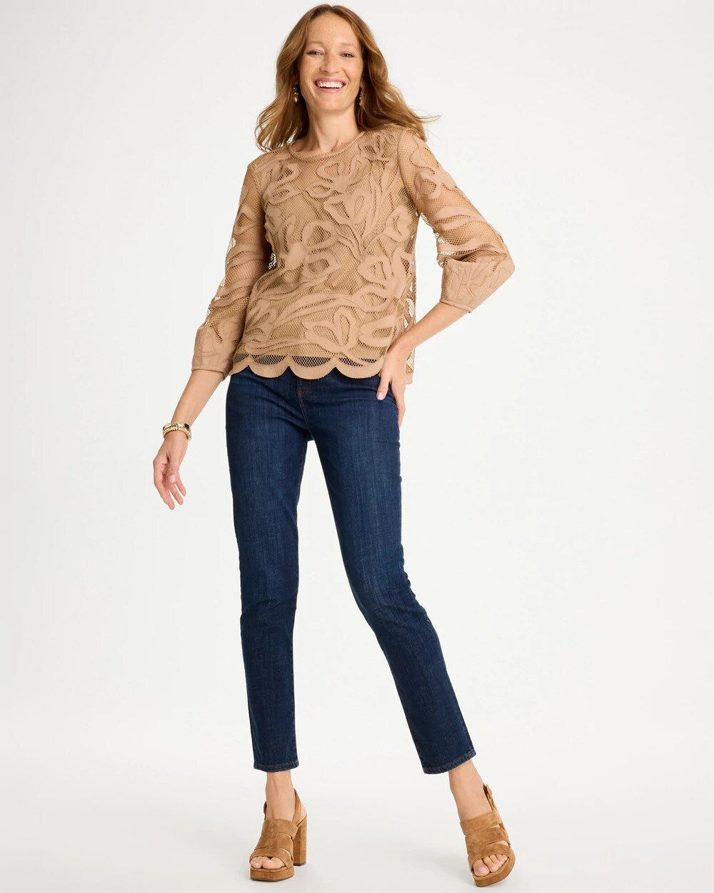 Floral-Motif Mesh 3/4 Sleeve Top