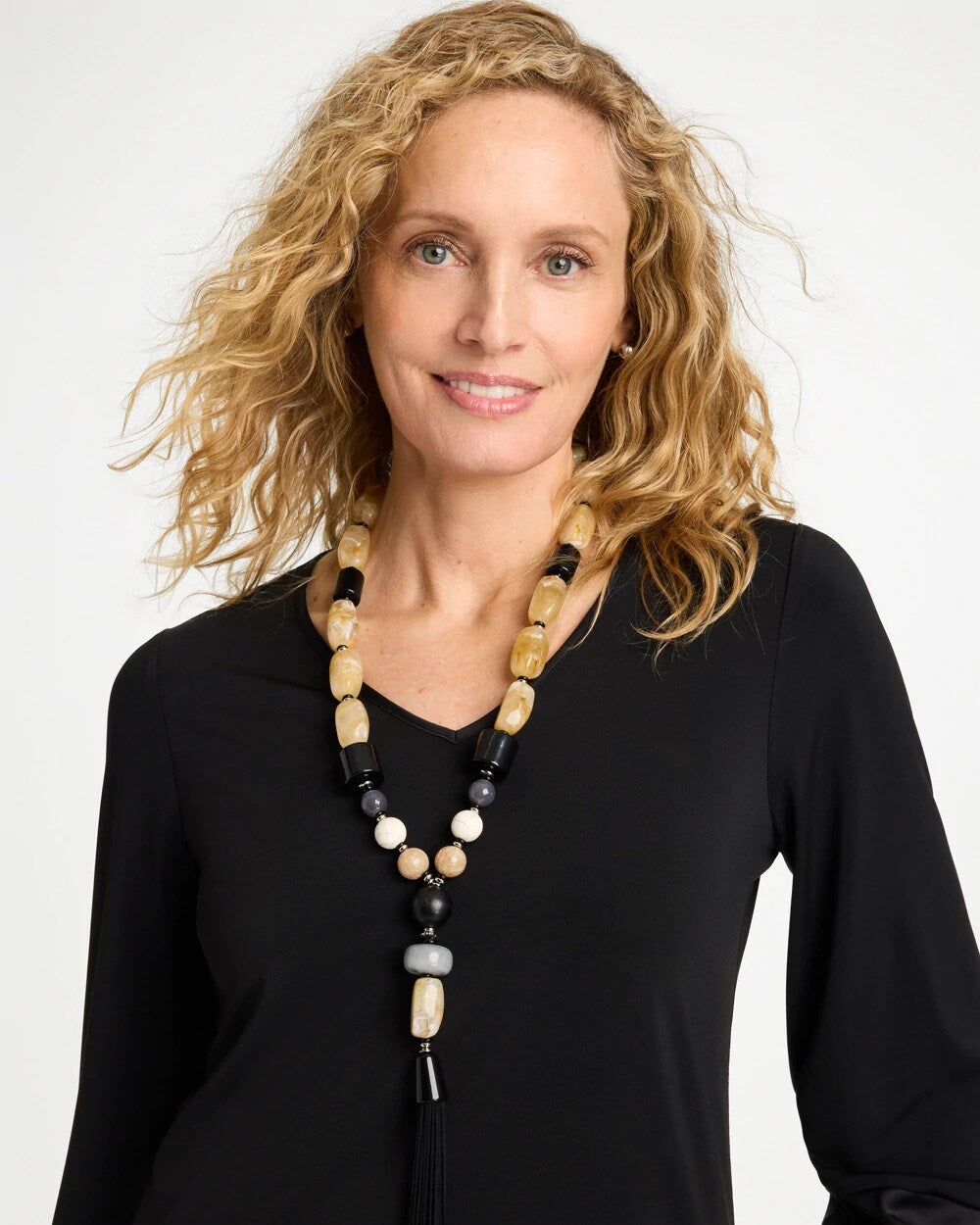 Neutral Large Beaded Tassel Necklace
