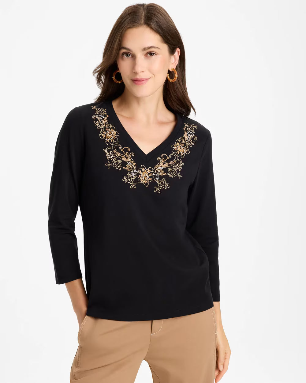 Embroidered Cotton Stretch 3/4 Sleeve Tee