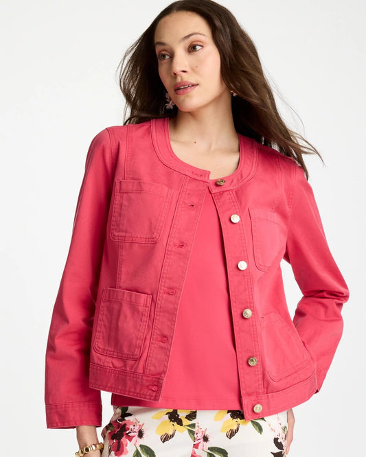 Collarless Twill Box Jacket