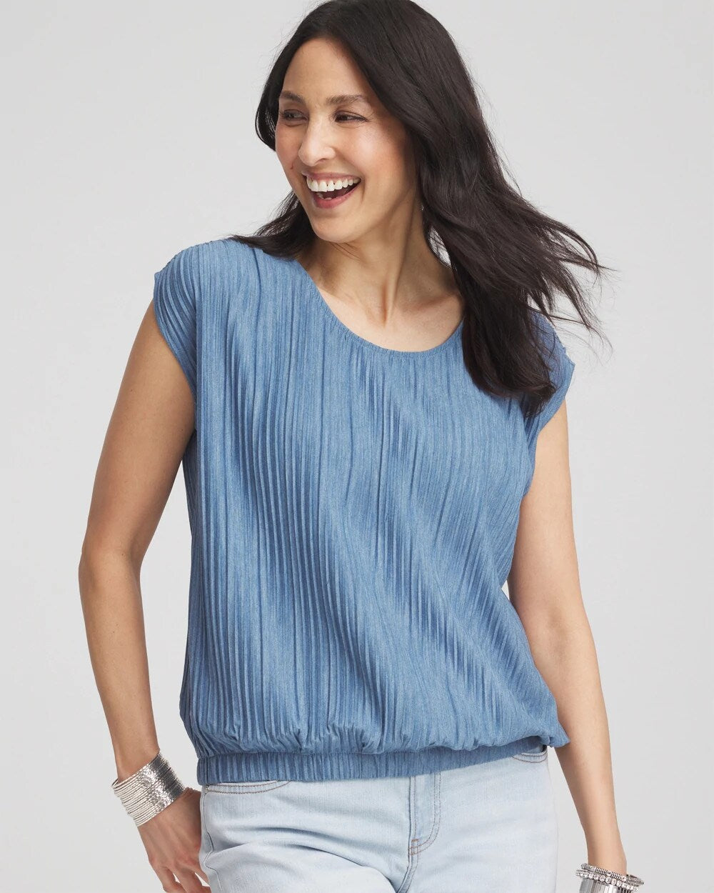 Melange Pleated Bubble-Hem Top