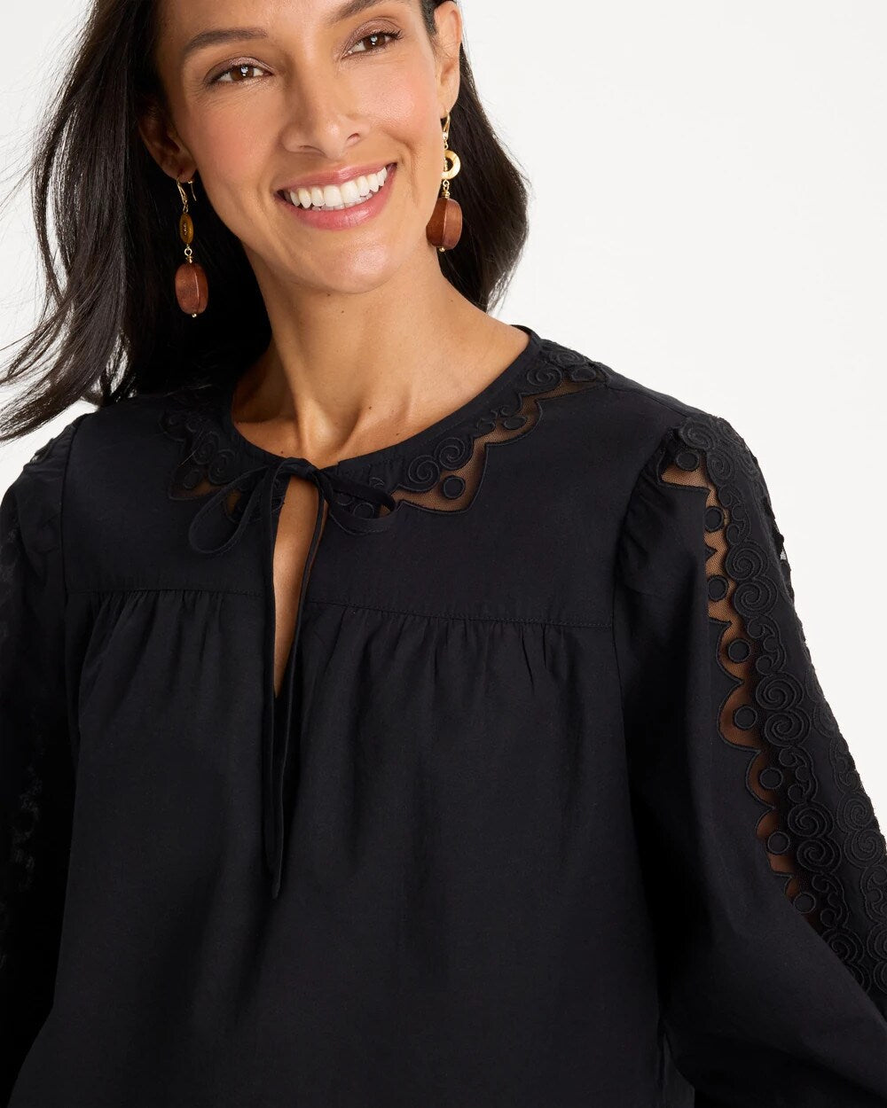 Poplin Cotton Lace Tie-Front Blouse