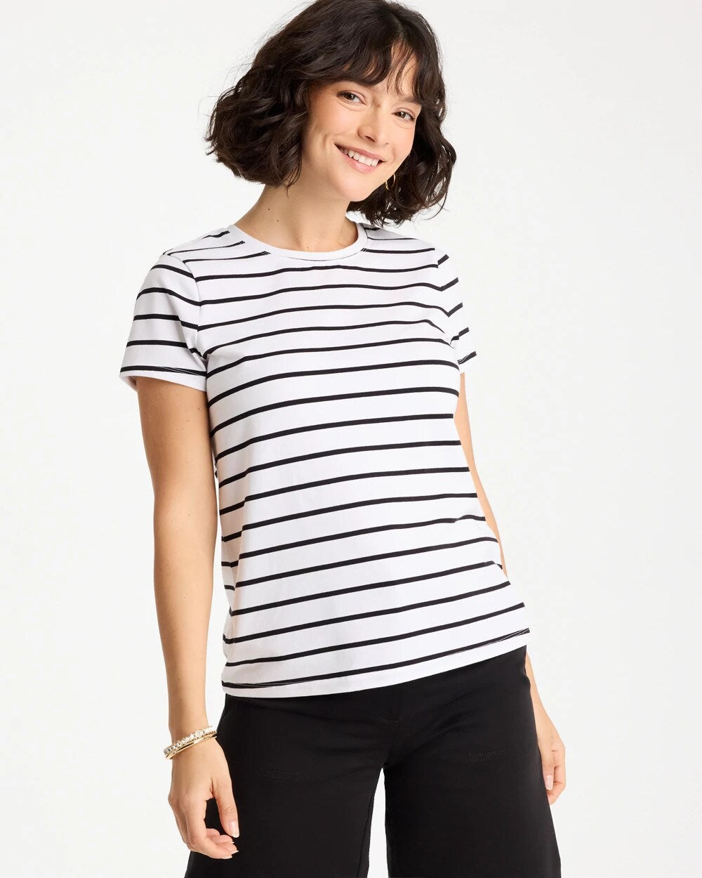 Striped Cotton Stretch Cap-Sleeve Tee