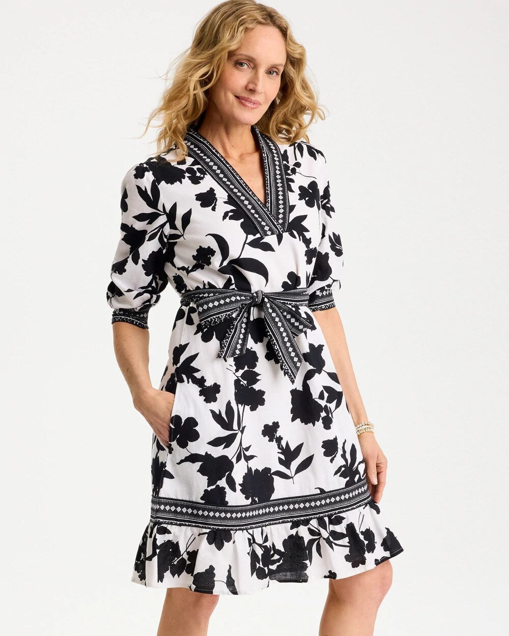 Floral Cotton-Linen Belted Dress