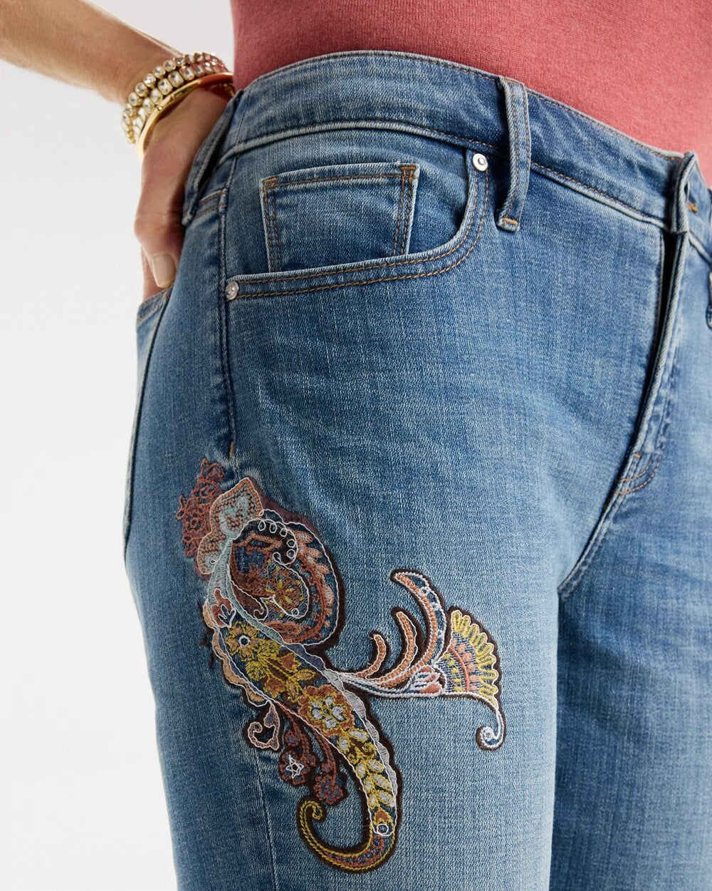 Girlfriend Slim Embroidered Ankle Jeans