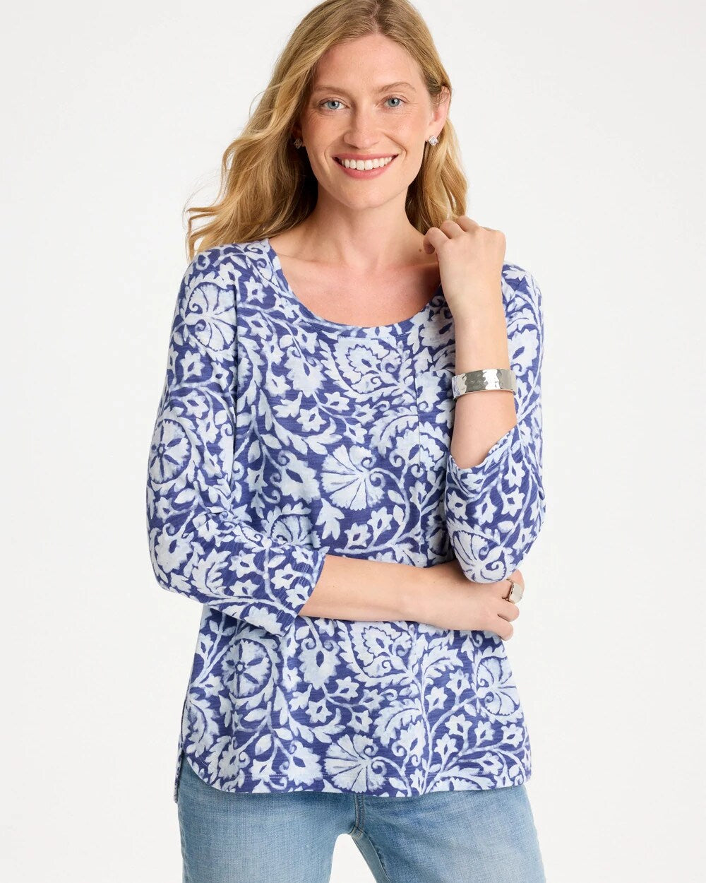 Printed Cotton Slub 3/4 Sleeve Tee