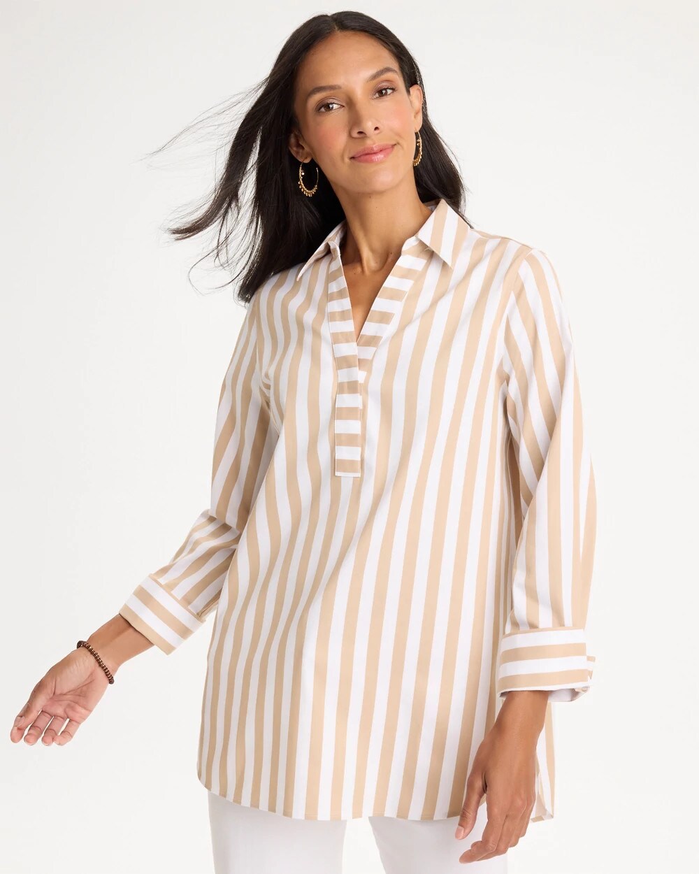 No Iron Stretch Neutral Striped Tunic