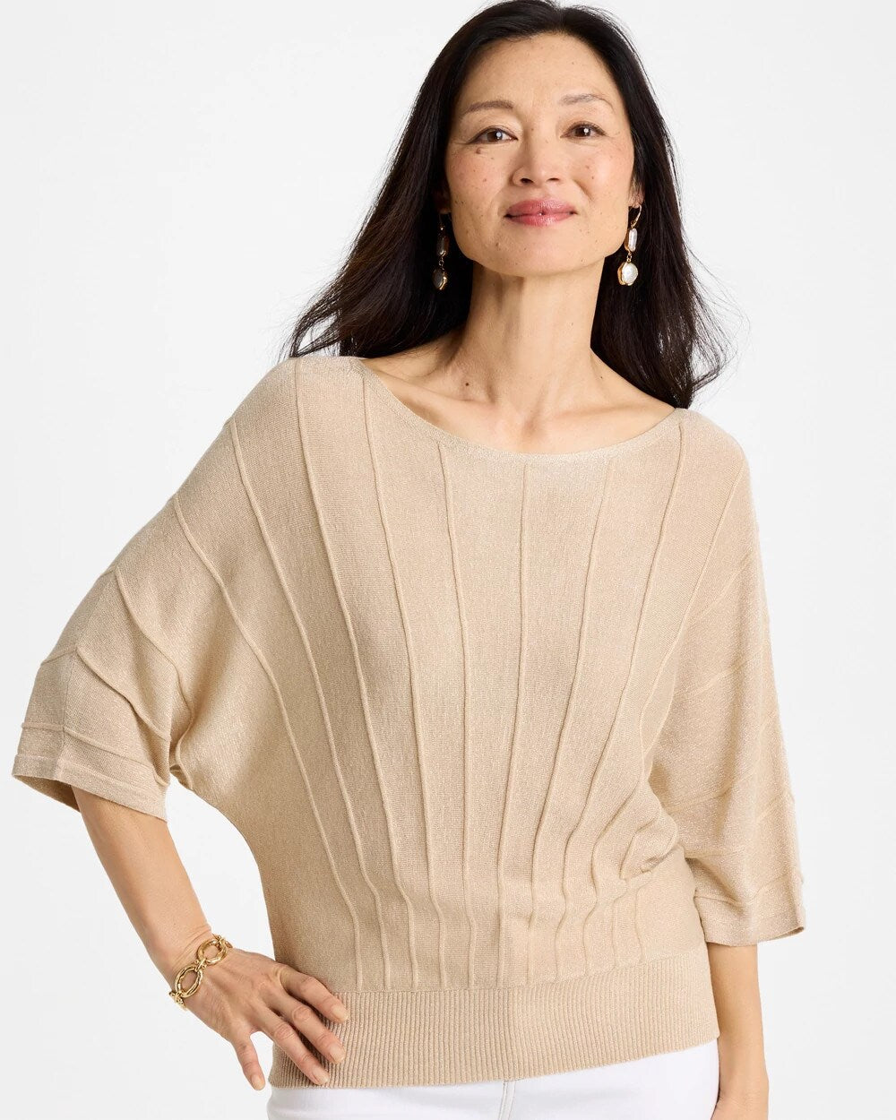 Metallic Pleated Dolman Pullover Sweater