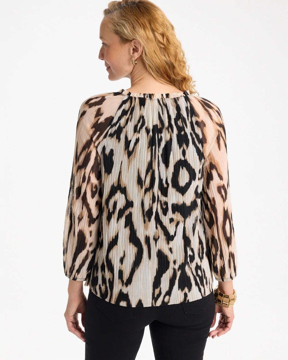 Ikat Animal Crinkle Mesh Ruffle Neck Top