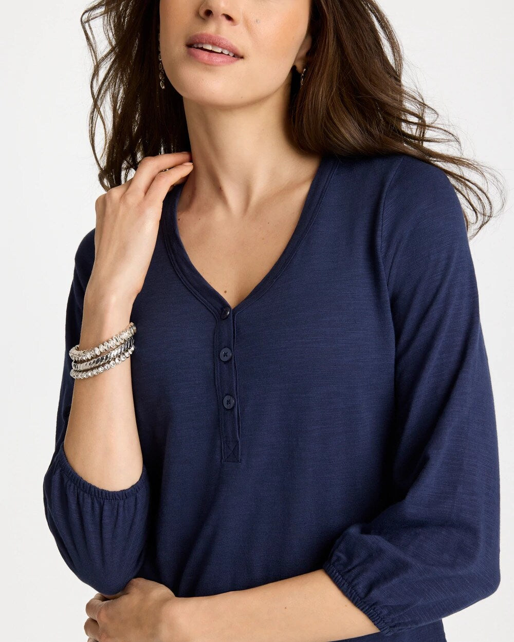Puff Sleeve Cotton Slub Henley Tee