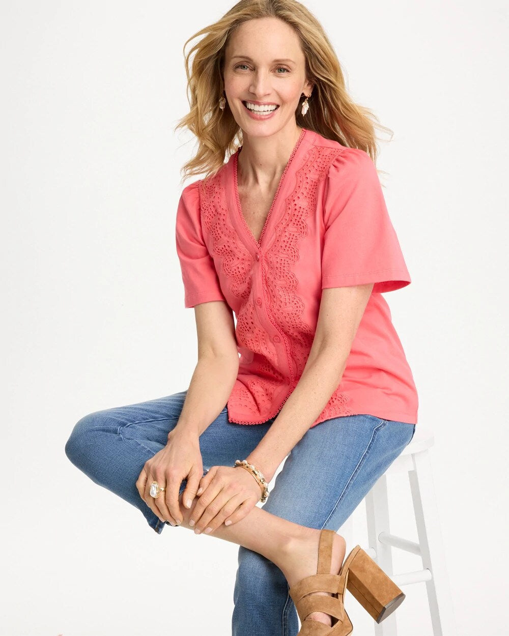 Embroidered Button-Front Tee
