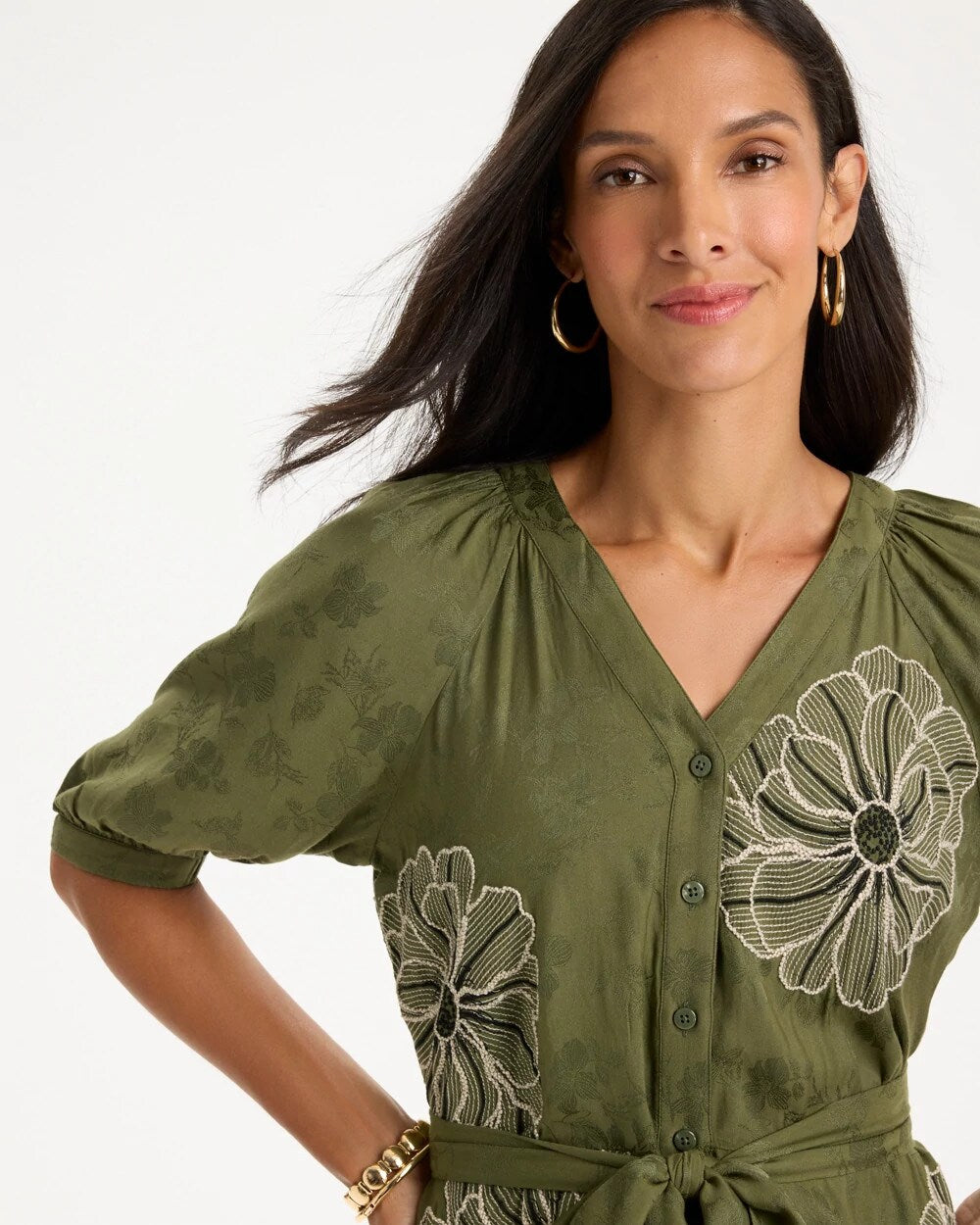 Embroidered Jacquard Belted Dress