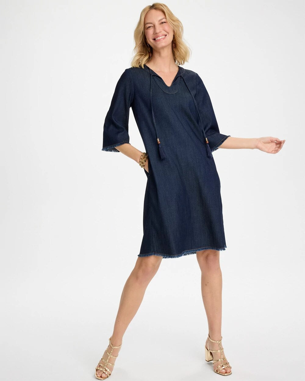 Denim Frayed Knee-Length Dress