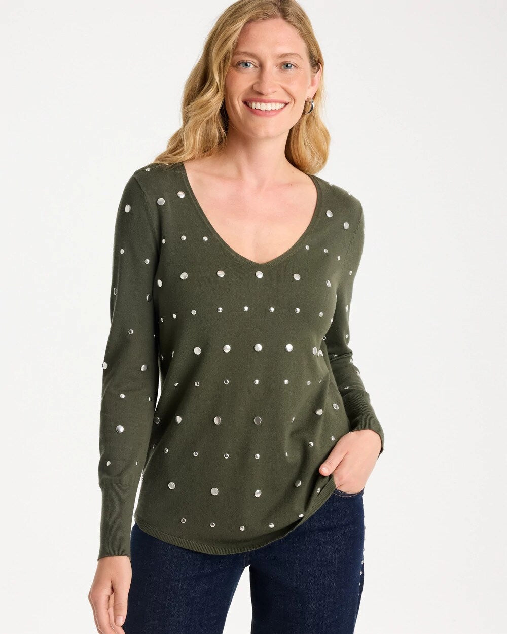 Ella Embellished V-Neck Pullover Sweater