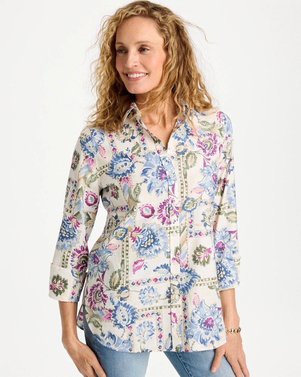 No Iron Stretch Floral Print Shirt