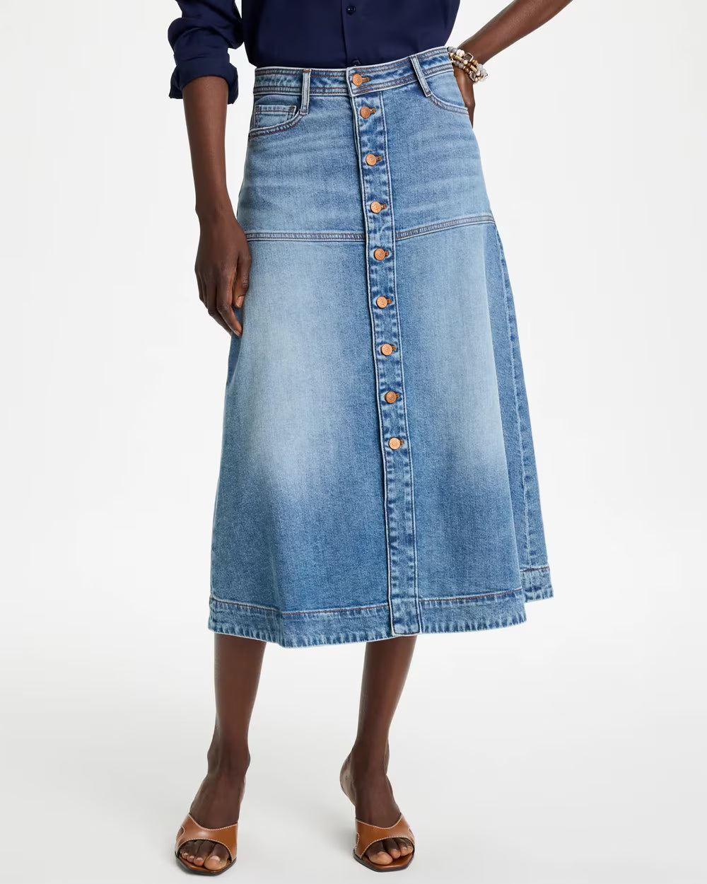 Drapey Denim Button Front Skirt