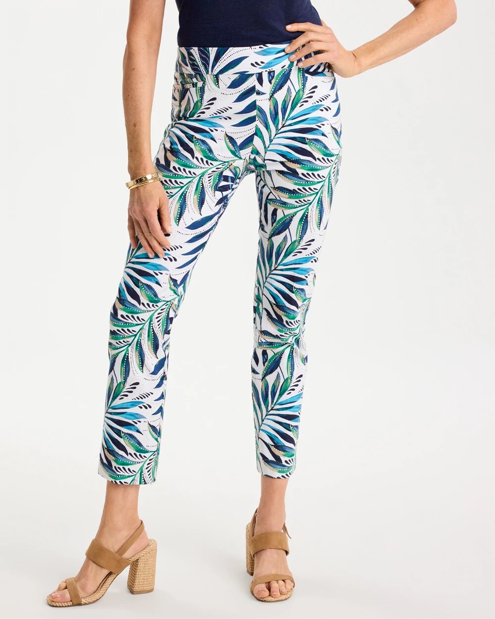 Palm Print Brigitte Slim Pull-On Crop Pant