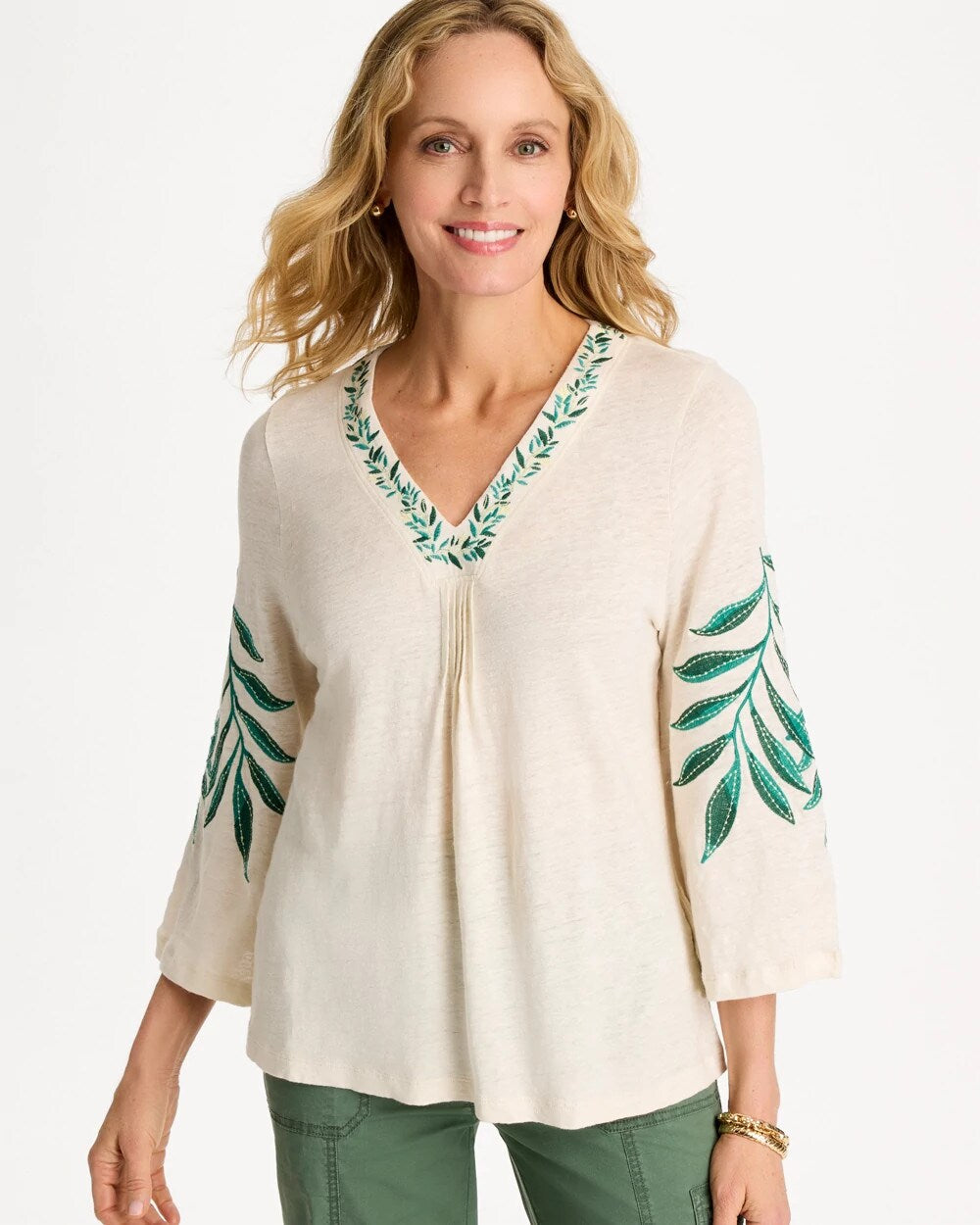 Linen Palm Embroidered Pleated Tee