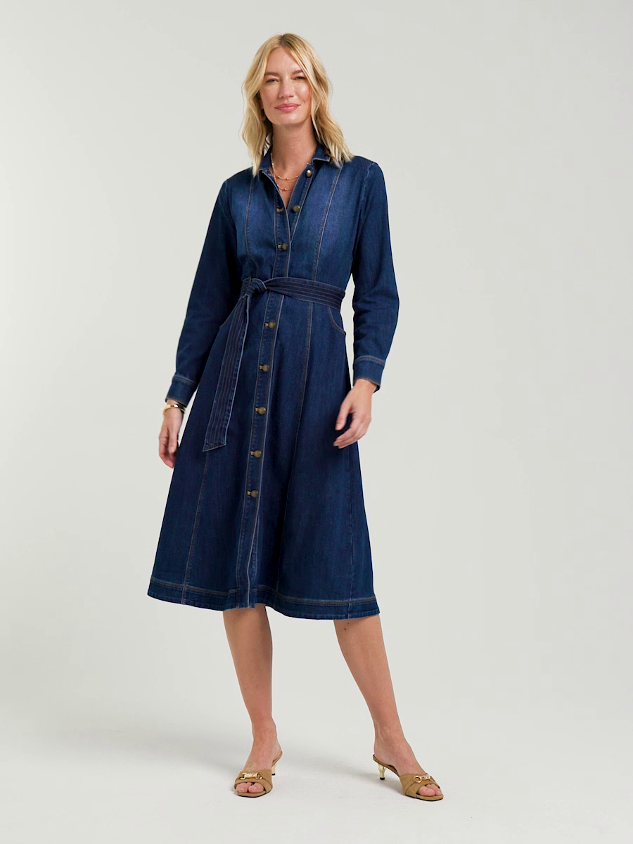 Denim Midi Trapunto-Belted Shirtdress