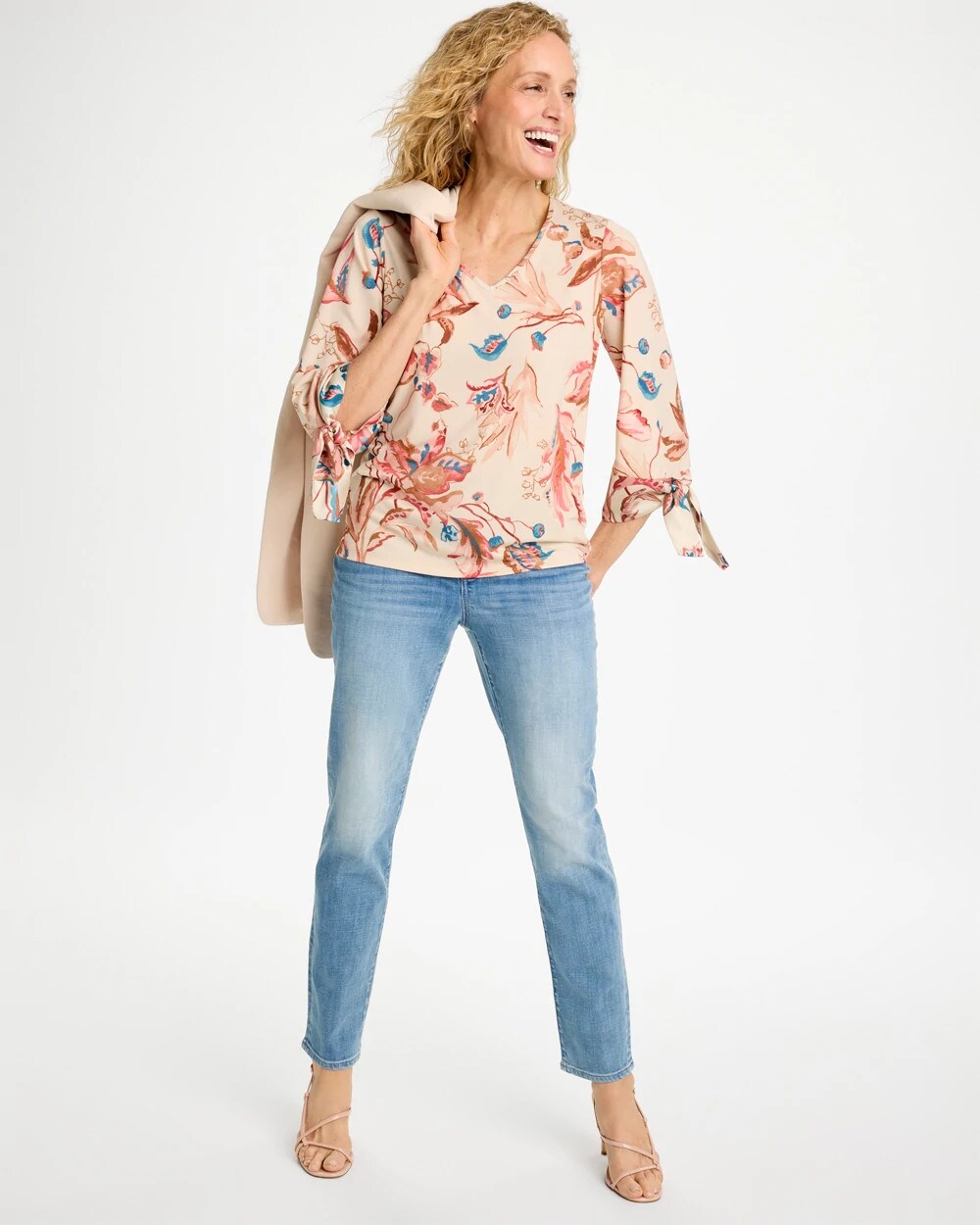 Printed Satin Tie-Sleeve Top