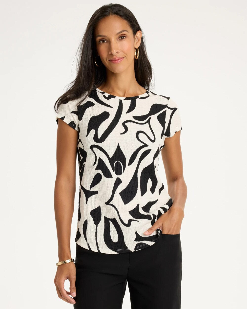 Printed Textured Knit Cap Sleeve Tee